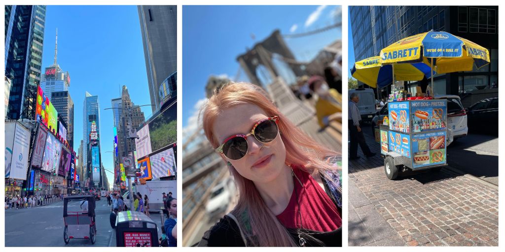 Three images, one of Times Square, one of the Brooklyn Bridge and an iconic hot dog stand!