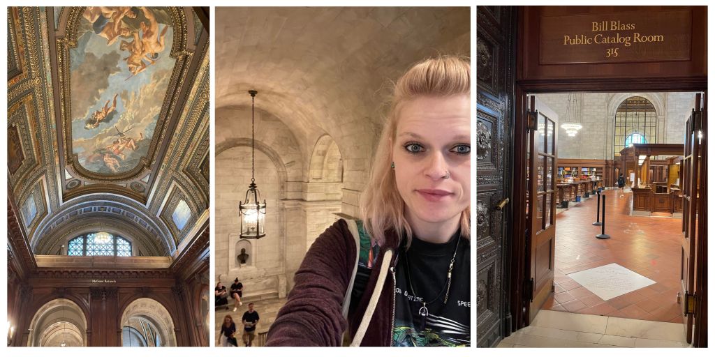 Inside New York Public Library, featuring shots of the stairway, painted ceilings and catalogue room.