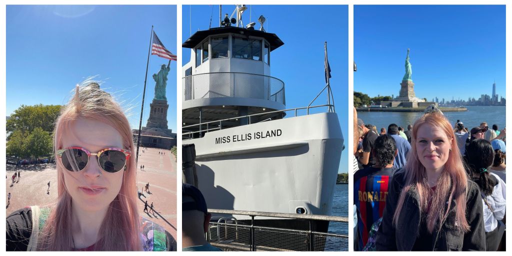 Three images, one of Miss Ellis Island boat, on the boat with the Statue of Liberty in view and then at the monument